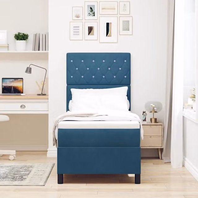Letto moderno vidaXL con testiera in velluto blu e illuminazione LED sottostante, L/P: 80 x 200 cm