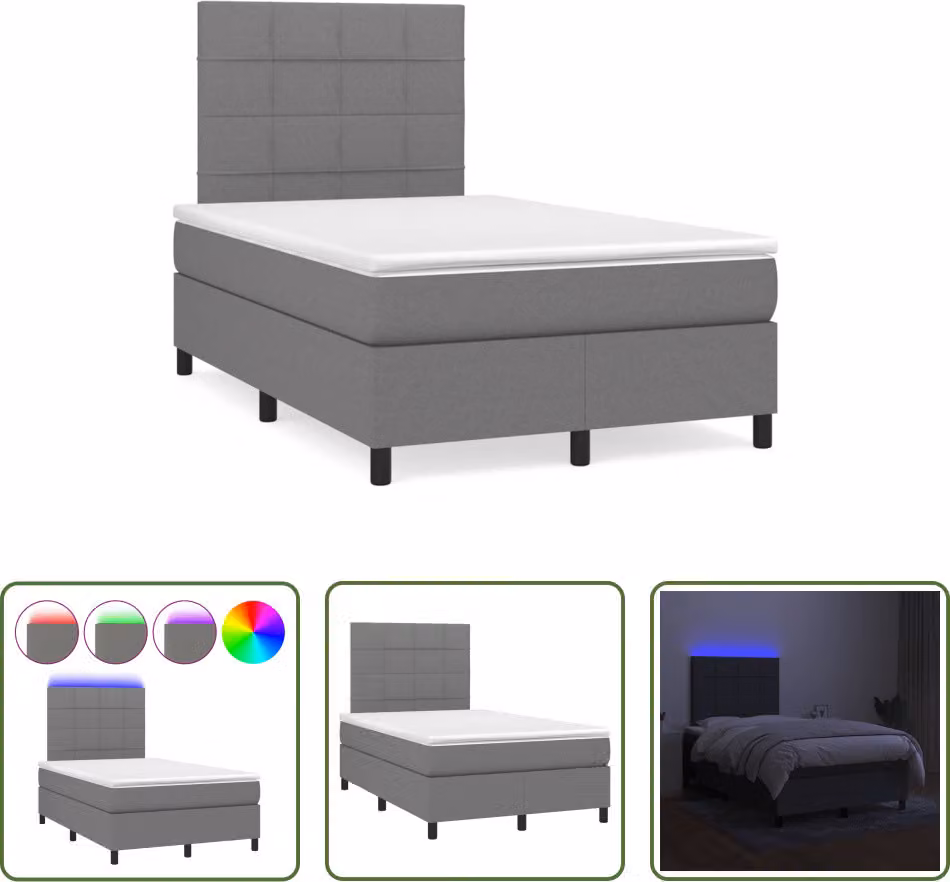 The Living Store Letto a molle con materasso e LED in tessuto grigio scuro 120x190 cm