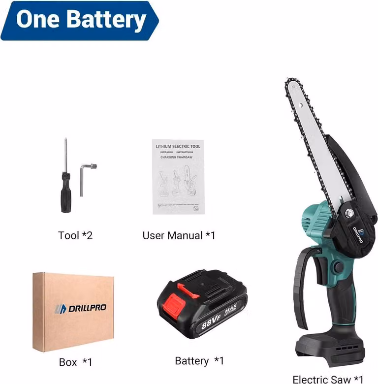 Mini motosega - Alimentazione a batteria 18 V - Motore senza spazzole - Lama da 15 cm - Velocità minima 10000 giri/min - Batteria inclusa (1 pz) - Profondità di taglio 15 cm - Verde chiaro