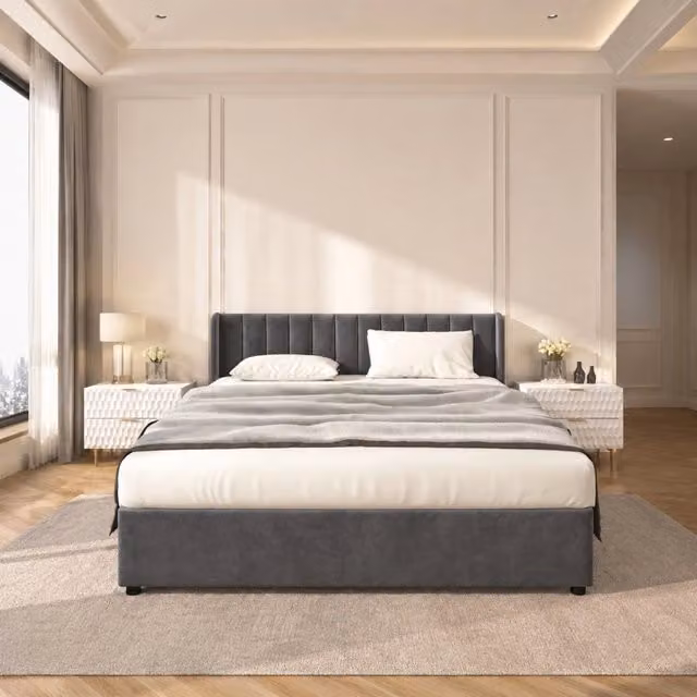 Letto REDOM in velluto grigio con 2 cassetti, L/P/H: 180 x 200 x 103 cm