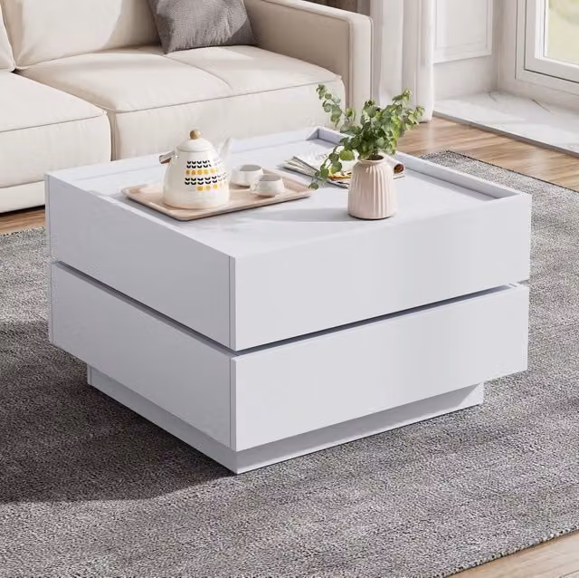 Tavolino da caffè girevole bianco 60x60x38 cm con 2 cassetti