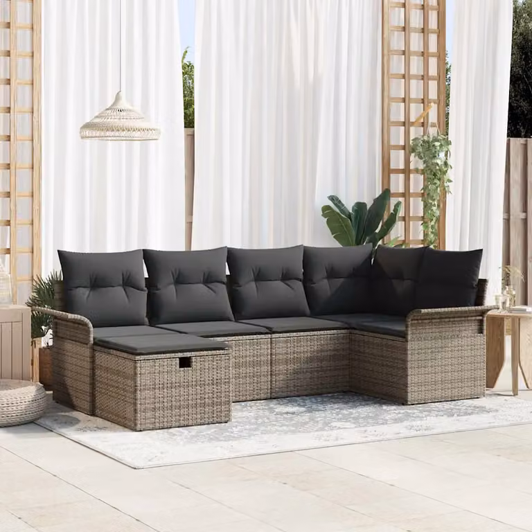 Set Divano da Giardino vidaXL a Forma di L in Poly Rattan con Cuscini, 6 Pezzi, Grigio e Marrone