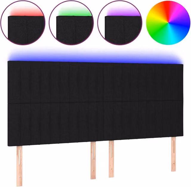 Testiera moderna in tessuto nero con illuminazione LED integrata e porta di ricarica USB L: 200 cm, P: 5 cm, H: 118/128 cm