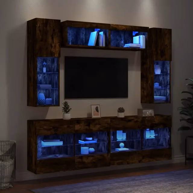 Set di mobili TV da parete moderno vidaXL in 6 pezzi con luci LED color rovere fumo e finitura opaca
