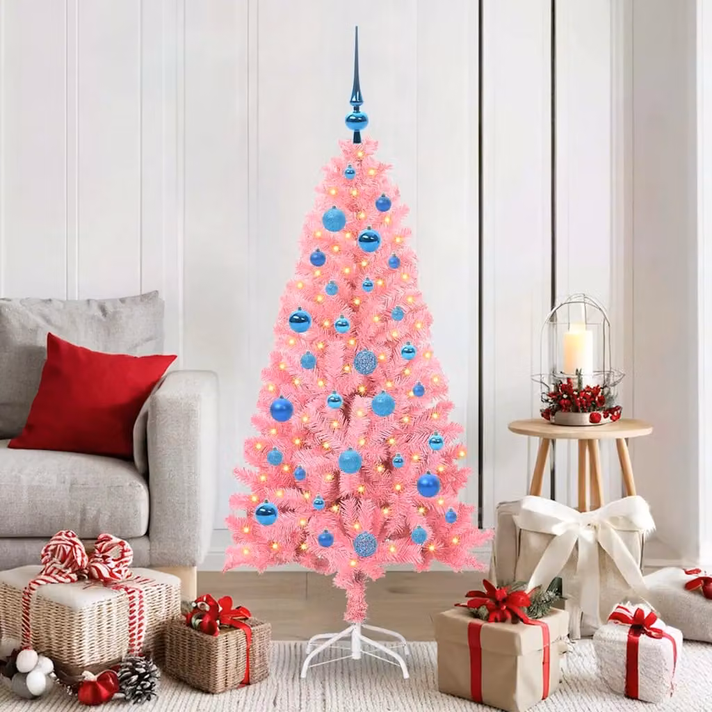 Albero di Natale moderno vidaXL rosa con luci LED bianco caldo in PVC, Altezza: 150 cm