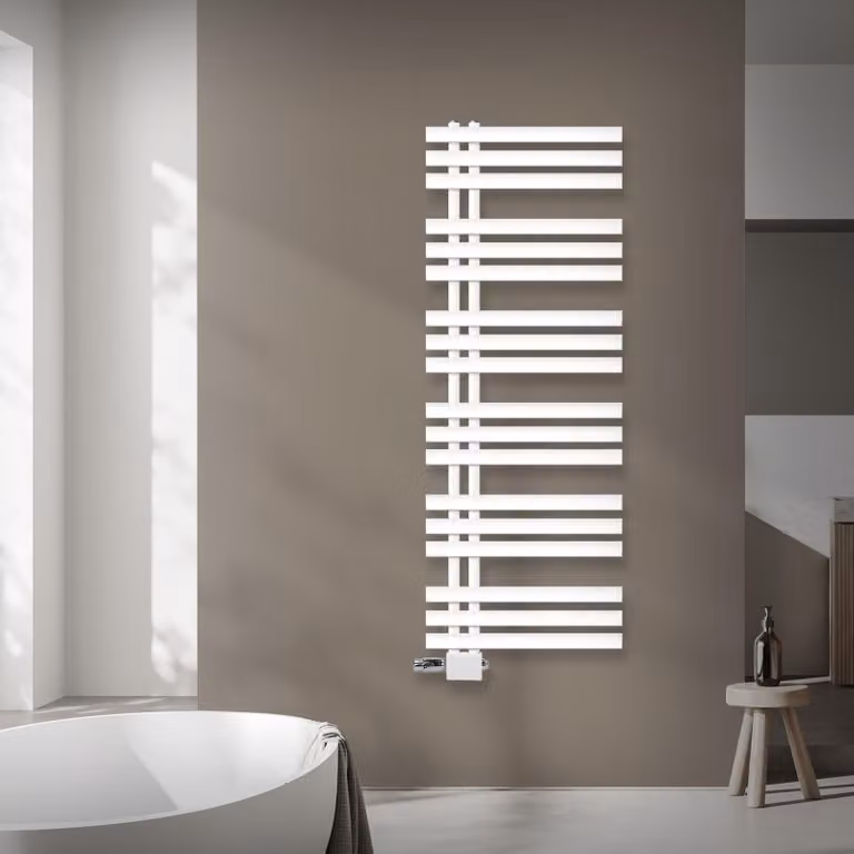 Radiatore da bagno LuxeBath Design, 500x1400 mm, bianco, set di collegamento termostatico ad angolo universale e passante, senza elemento riscaldante