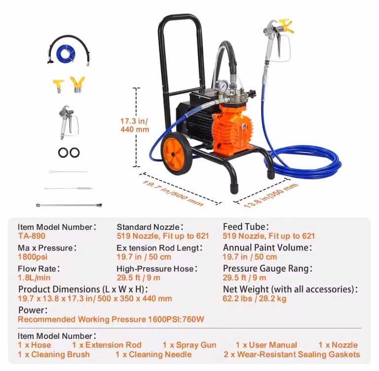 Spruzzatore a membrana senza aria - Macchina per verniciatura a spruzzo senza aria - Spruzzatore elettrico - 900W - 1800 PSI - Macchina a membrana