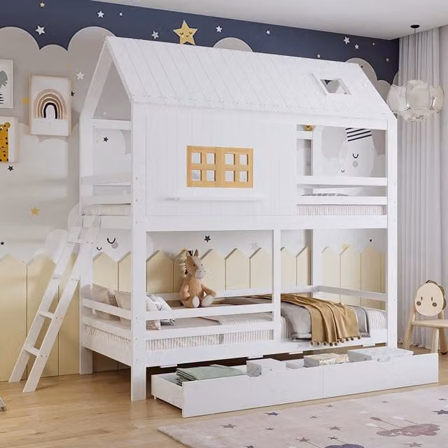Letto a castello-Xylo-90x200cm finestre tetto 2 cassetti pino+MDF