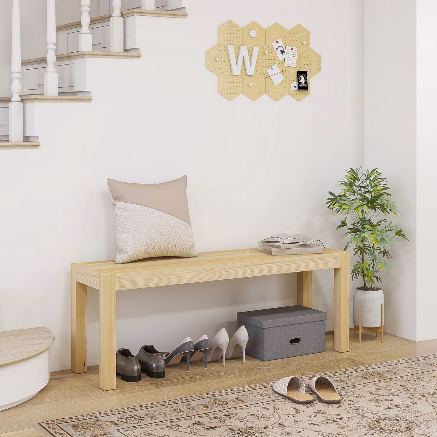 Panca da cucina HOMCOM in legno massello di pino, 3 posti, colore naturale, L 120 cm x P 33 cm x H 45 cm – 2