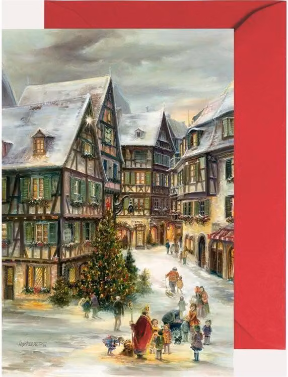 Mini calendario dell'Avvento di Colmar con la Rue des Marchands in formato cartolina pieghevole