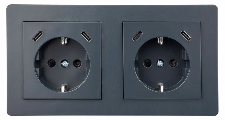 Prese a incasso con protezione differenziale, doppia, con 2 porte USB-C PD 3.0, colore antracite