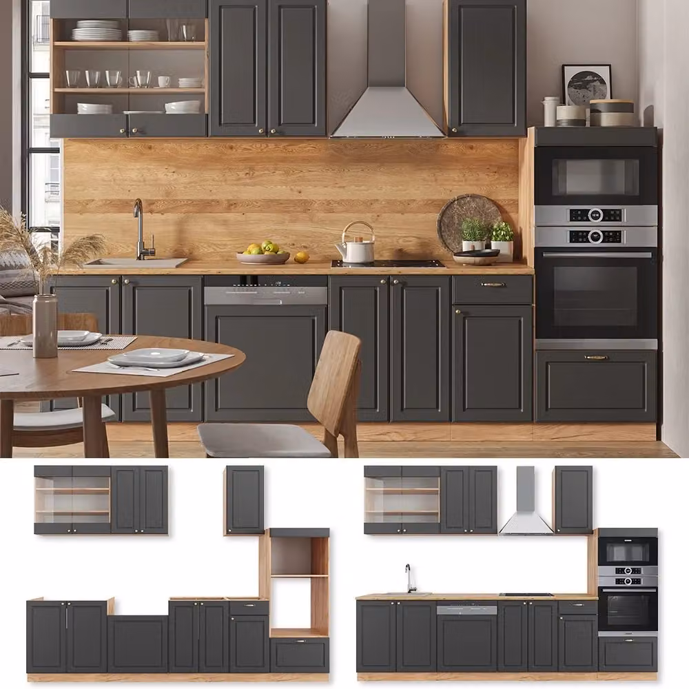 Cucina componibile Fame-Line Vicco colore Antracite e Rovere dorato, larghezza 300 cm, con armadio alto e senza piano di lavoro – 2