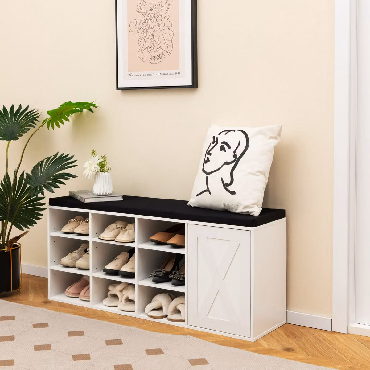 Panchina scarpiera Costway con cuscino imbottito e 9 cubi con ripiani regolabili, colore bianco