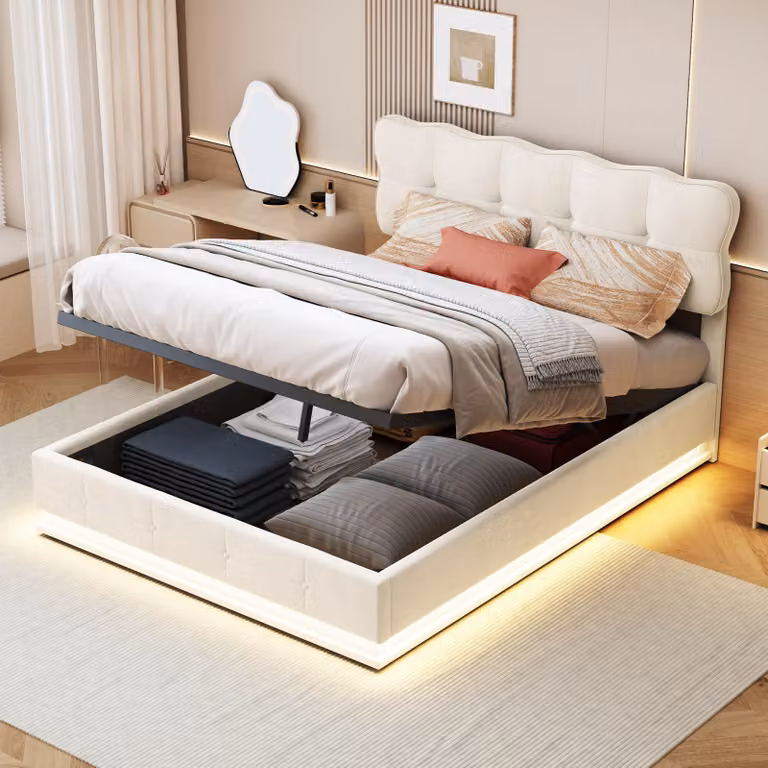 Letto imbottito ProximaX 140x200 cm in velluto beige con contenitore a LED e molla a gas - letto matrimoniale moderno con rete ed effetto flottante