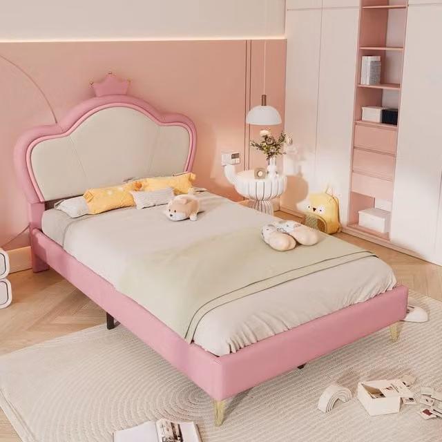 Letto Singolo Imbottito per Bambini MINIMAL con Testiera a Corona Rosa e Bianco L/P/H: 90 x 200 cm