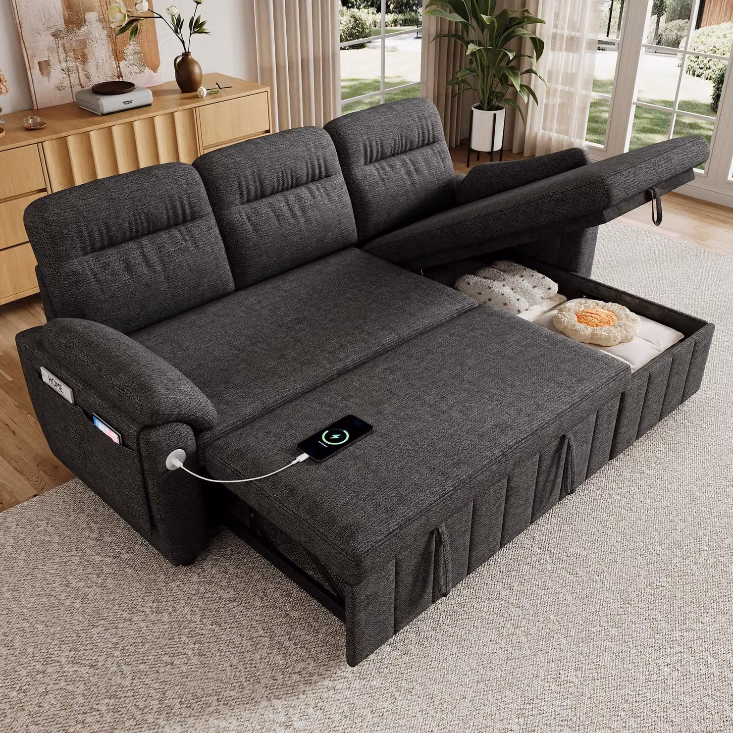 Divano angolare MODFU, divano letto con spazio contenitore, divano relax con porta USB/Type-C e rivestimento in chenille, divano trasformabile con chaise longue intercambiabile, color beige, dimensioni 208×131×88 cm