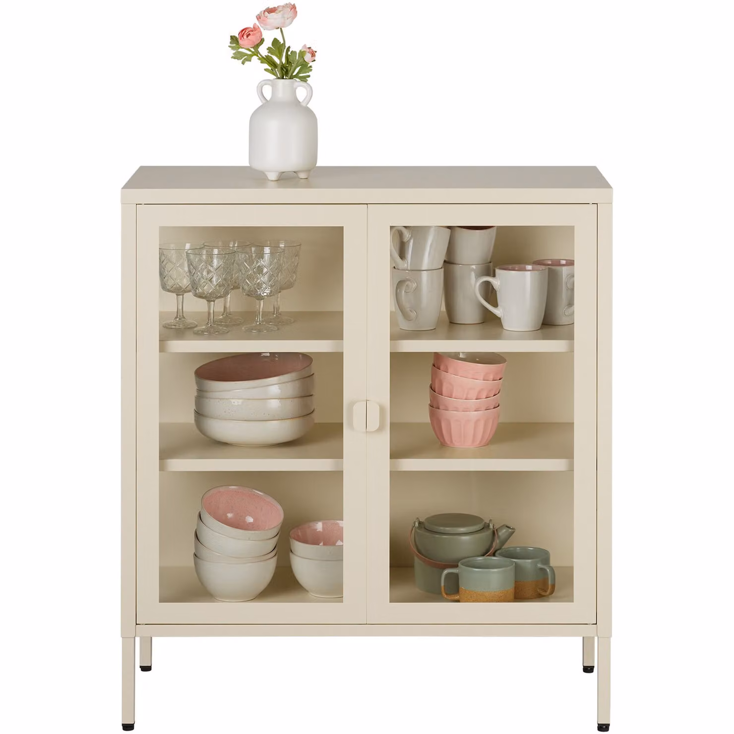 Vetrina moderna Tectake in metallo e vetro con ante in vetro, colore beige, L: 80,0 cm, P: 25,0 cm, H: 90,5 cm – 3