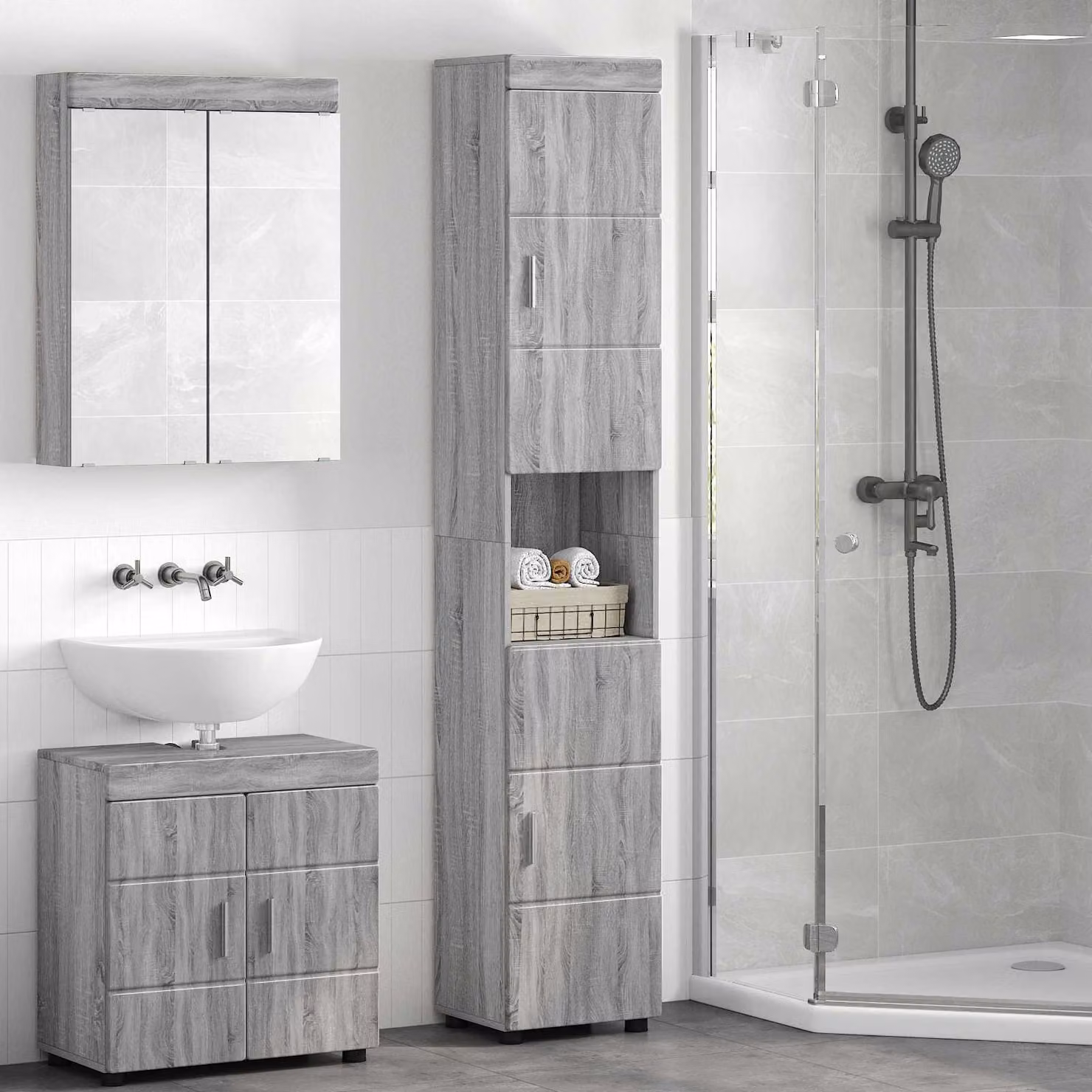 Set di armadi da bagno vidaXL TULUM moderno in grigio Sonoma con ante a cerniera e ripiani interni L/P/H: 37 x 31,5 x 203 cm