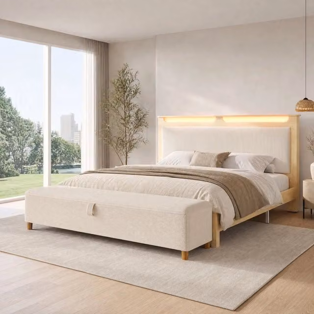 Letto matrimoniale 140x200 cm con panca contenitore; testiera LED e vano portaoggetti; effetto rovere e beige