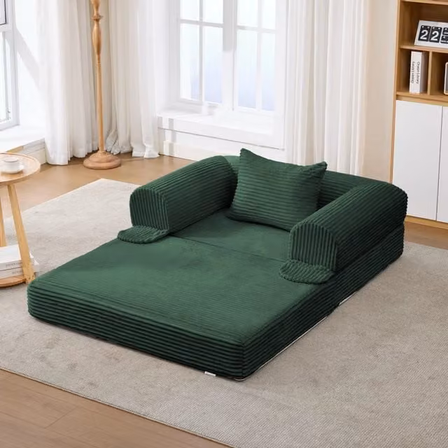 Poltrona letto singola WISHDOR in velluto a coste verde, divano letto 2 in 1 salvaspazio con braccioli e imbottitura in schiuma