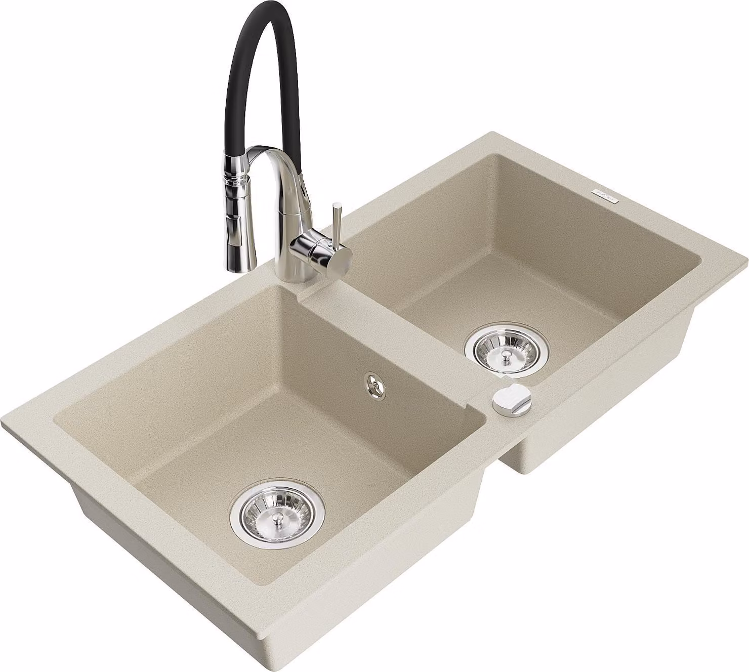 Mexen Mario lavello in granito a 2 vasche con rubinetto da cucina Aster, beige - 6504-69-73450-07