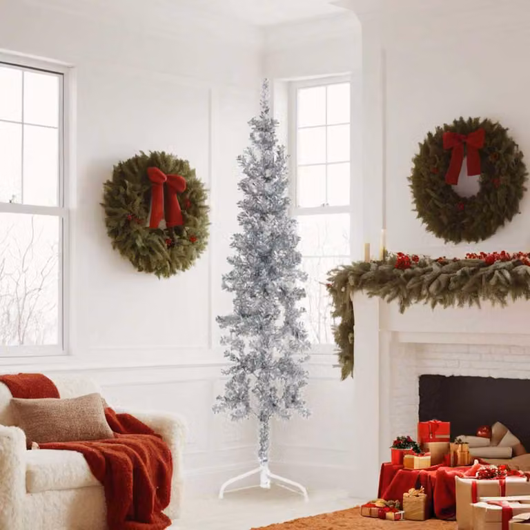 vidaXL Albero Natale Artificiale Sottile a Metà Supporto Argento 180cm