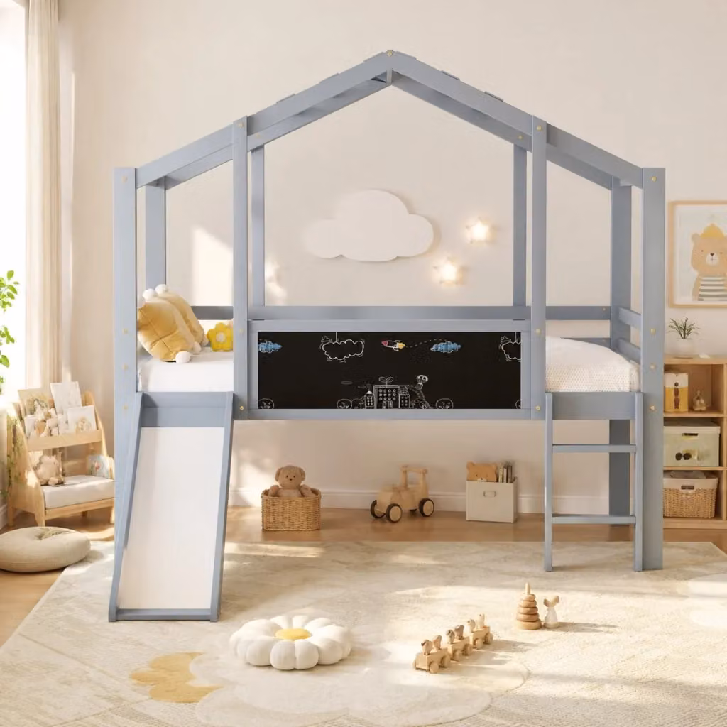 Lettino a soppalco per bambini in legno con struttura a casetta, scala e scivolo, grigio, L/P/H: 200 x 90 x 175 cm – 2