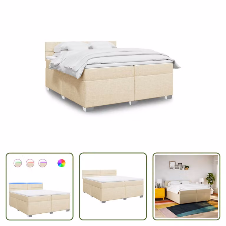 The Living Store Letto a molle con materasso crema 200x200 cm in tessuto