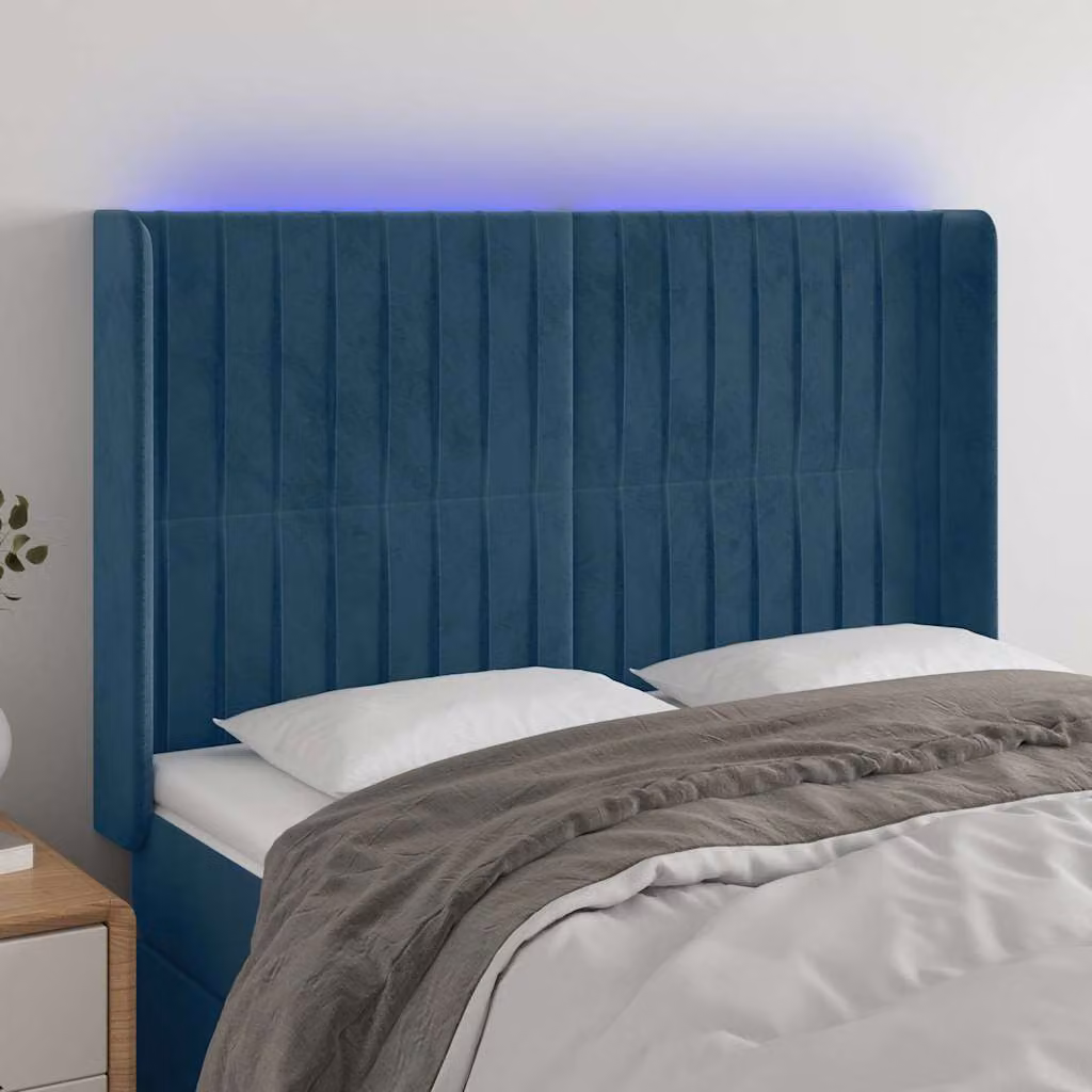 Testiera per letto vidaXL in velluto blu con illuminazione LED integrata e porta di ricarica USB, L: 147 cm, P: 16 cm, H: 118/128 cm