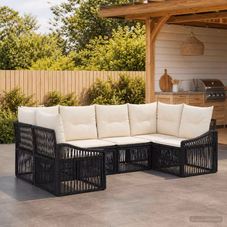 Set Divano da Giardino vidaXL 6 posti a L con Cuscini Nero in Polyrattan e Metallo