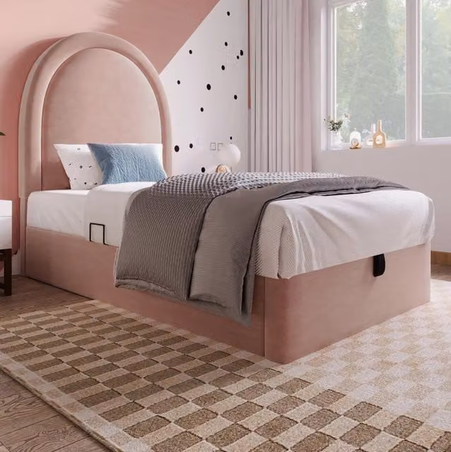 Letto imbottito singolo 90x190 cm con contenitore; velluto rosa