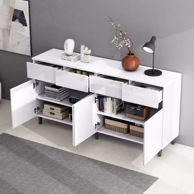 Sideboard WISHDOR bianco lucido con 4 cassetti e 2 ante, L: 160 cm, P: 40 cm, H: 68 cm