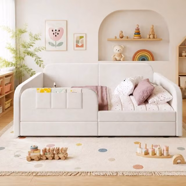 Letto imbottito 90x200 cm in velluto bianco con 2 cassetti e struttura in metallo