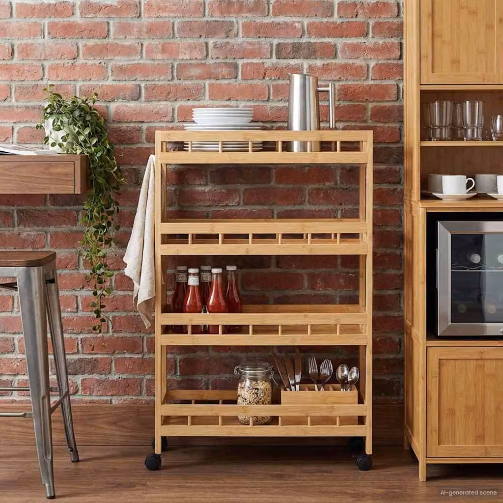 vidaXL Carrello da Cucina in Bambù Naturale con Ruote, L/P/H: 60 x 18 x 97 cm