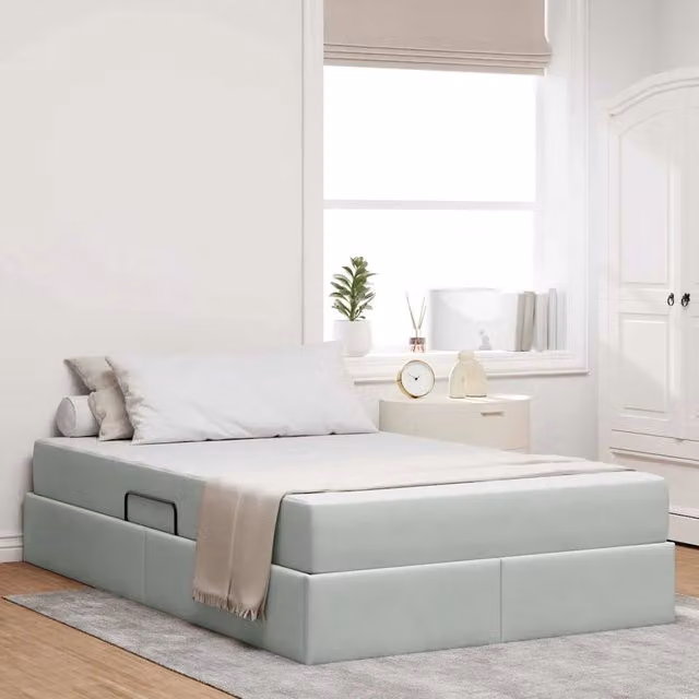 vidaXL Letto con contenitore e materasso ibrido in tessuto grigio L: 120 cm, P: 200 cm, H: 280 cm – 1