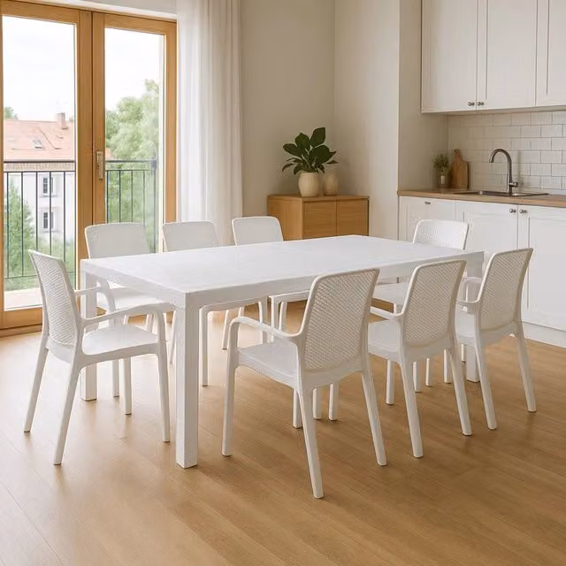 Set tavolo e sedie DMORA bianco, tavolo rettangolare allungabile con 8 sedie, ideale per soggiorno, cucina o sala da pranzo – 1