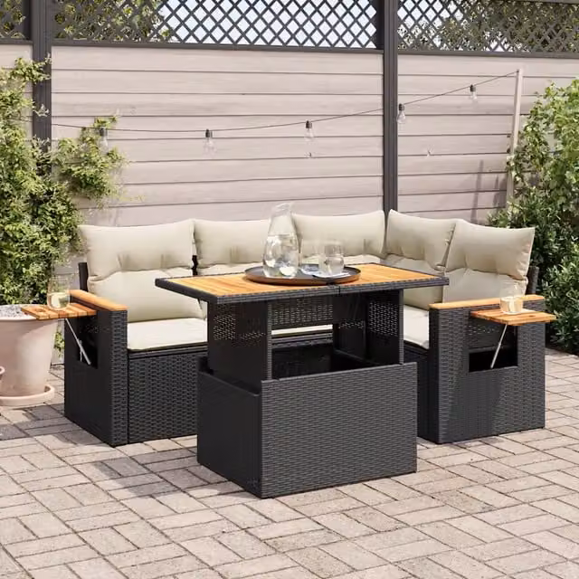 Set Divani da Giardino 5 pz con Cuscini Nero Polyrattan Acacia 3327591