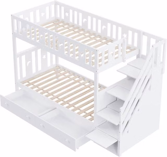 Letto a castello per bambini 90x200 cm in legno massello con scaletta di sicurezza, doppio spazio contenitore e rete a doghe, bianco