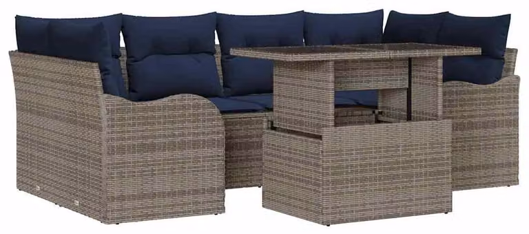 Set da giardino composto da 7 pezzi, in rattan sintetico, color grigio e blu navy