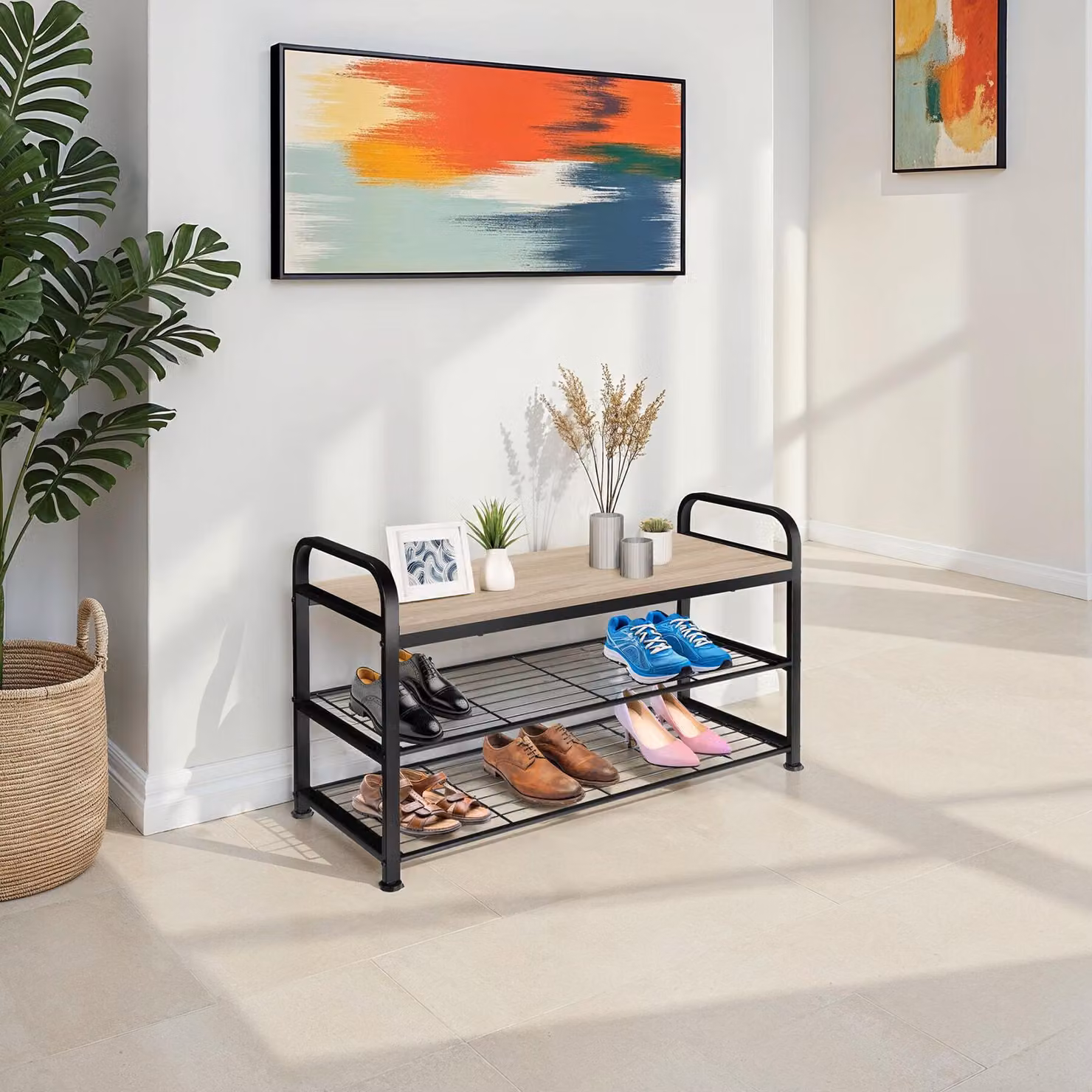 Scarpiera Southampton Tectake in stile industriale, colore rovere e marrone, L: 91 cm, P: 36 cm, H: 55 cm – 2