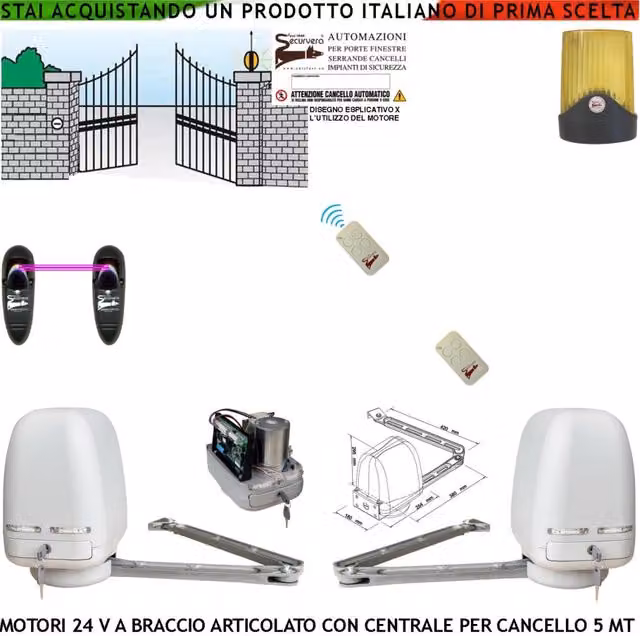 Kit 2 Motori a Braccio Articolato 24 V Cancello Automatico 2 Ante da 0,5 a 2,5 MT Centrale 220/24 V 2 Radiocomandi Faro Fotocellule