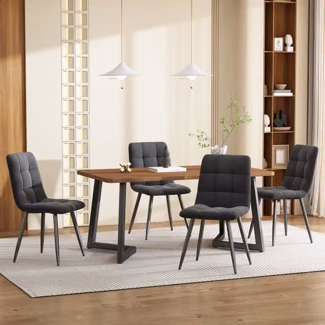 Set da pranzo moderno 5 pezzi con tavolo in MDF noce e 4 sedie in velluto grigio scuro con gambe in metallo nero