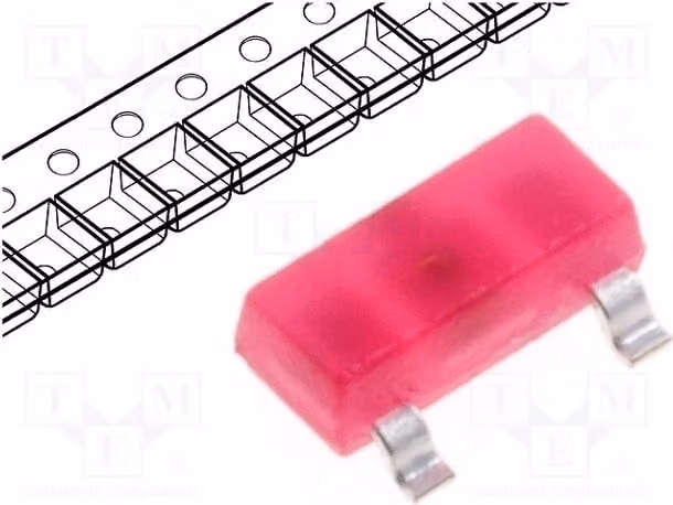 2 LED rossi, tecnologia SMD SOT23, 1,25 mcd, angolo di emissione 140°, dimensioni 3x1,3x1,05 mm, tensione di alimentazione 2÷2,5V, corrente 2mA, modello KM-23LID-F, diodi LED
