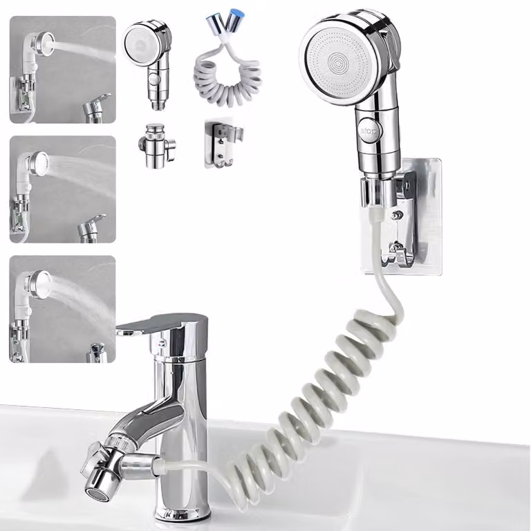Set di rubinetto manuale per lavandino, completo di tubo e supporto, colore argento, tubo di 1,5 metri, a risparmio idrico, con 3 tipi di getto