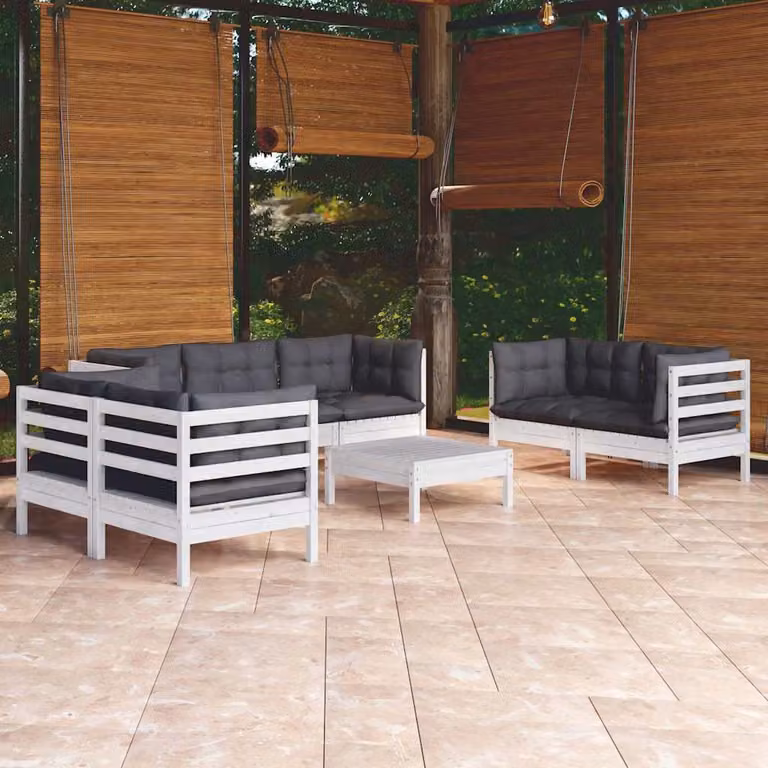 vidaXL Set Salotto da Giardino a L in Legno di Pino con 8 Cuscini Bianco e Antracite