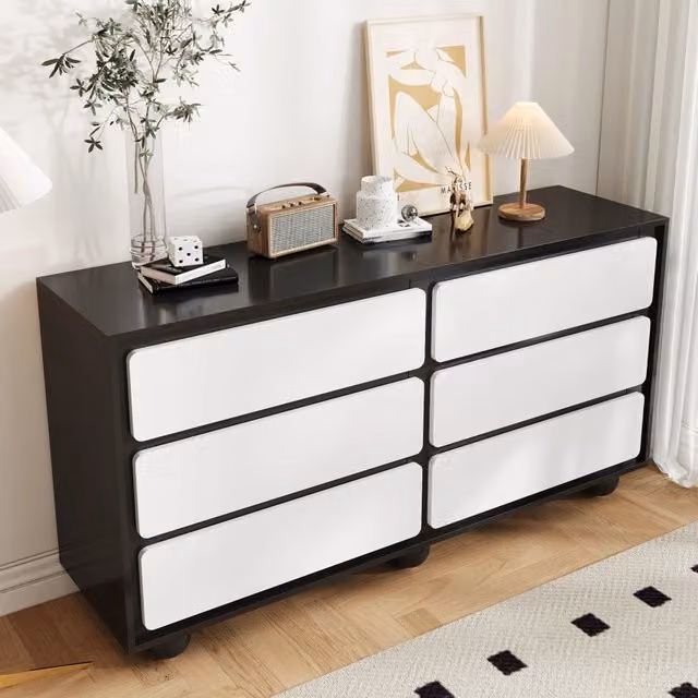 Sideboard moderno Zephmum con 6 cassetti in finitura lucida, L/P/H: 140 x 38 x 74,5 cm