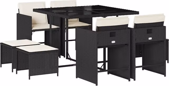 Set da Pranzo da Giardino 9 pz | Set Salotto da Giardino con Cuscini Nero in Polyrattan