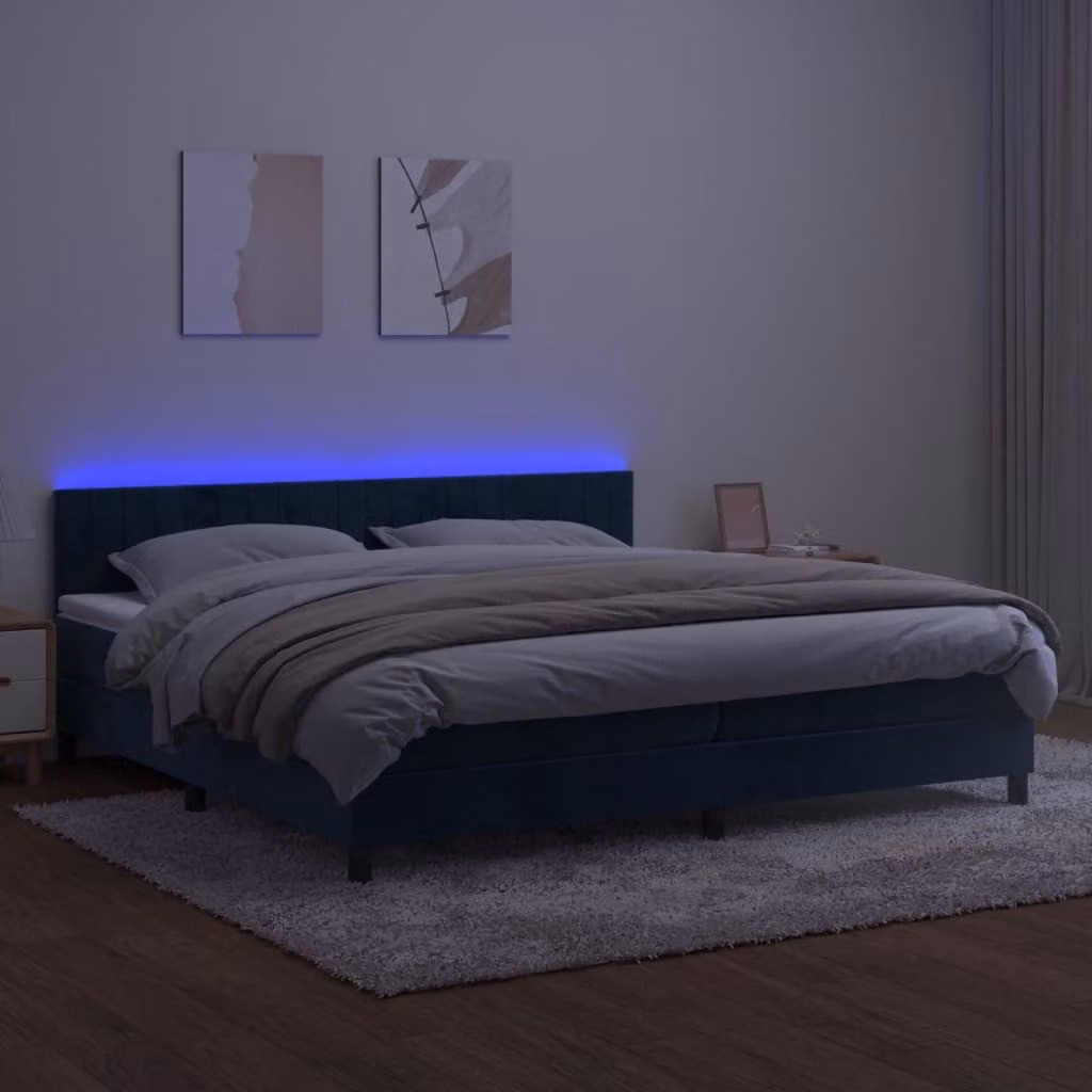 The Living Store Letto a molle con materasso e LED in velluto blu scuro 200x200 cm
