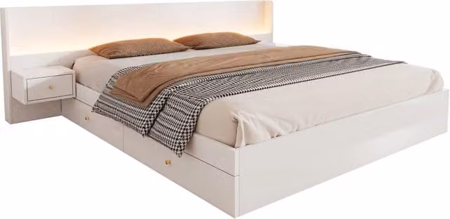 Letto matrimoniale moderno bianco con illuminazione LED, porte USB, 2 comodini e 2 cassetti, L/P: 180 x 200 cm