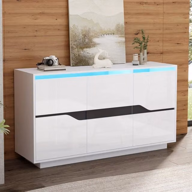 Madia Mivray moderna con 3 ante e illuminazione LED integrata controllabile tramite app, finitura lucida bianco e nero, L 140 x P 40 x H 70 cm